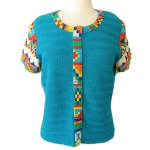 Michael Simon Vintage Short Sleeve Cardigan Sweater Turquoise Beaded Zigzag